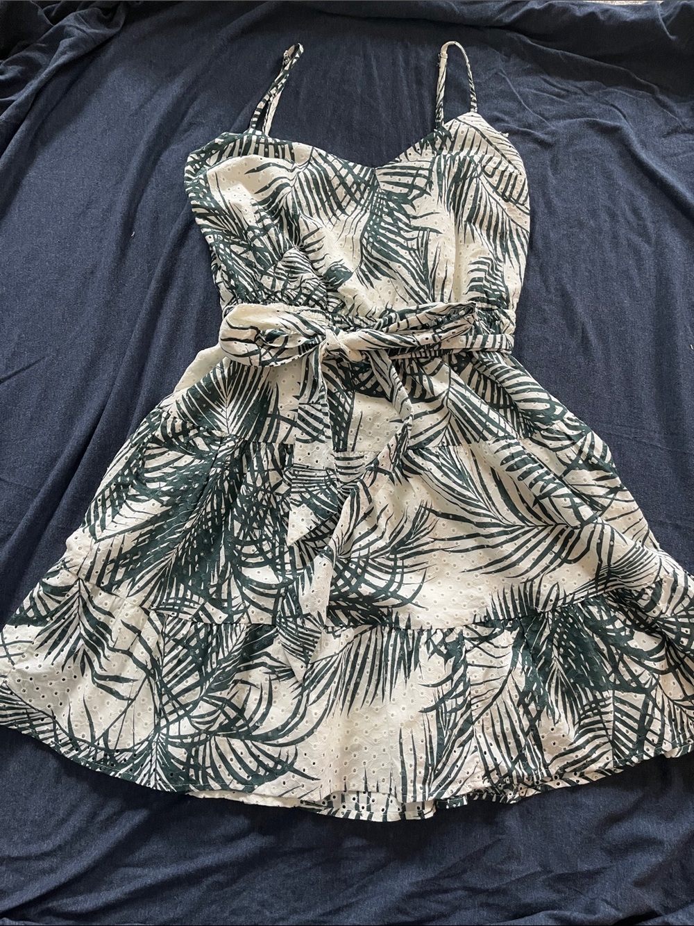 Express Green Palm-Print Mini Dress with Self-Tie Waist